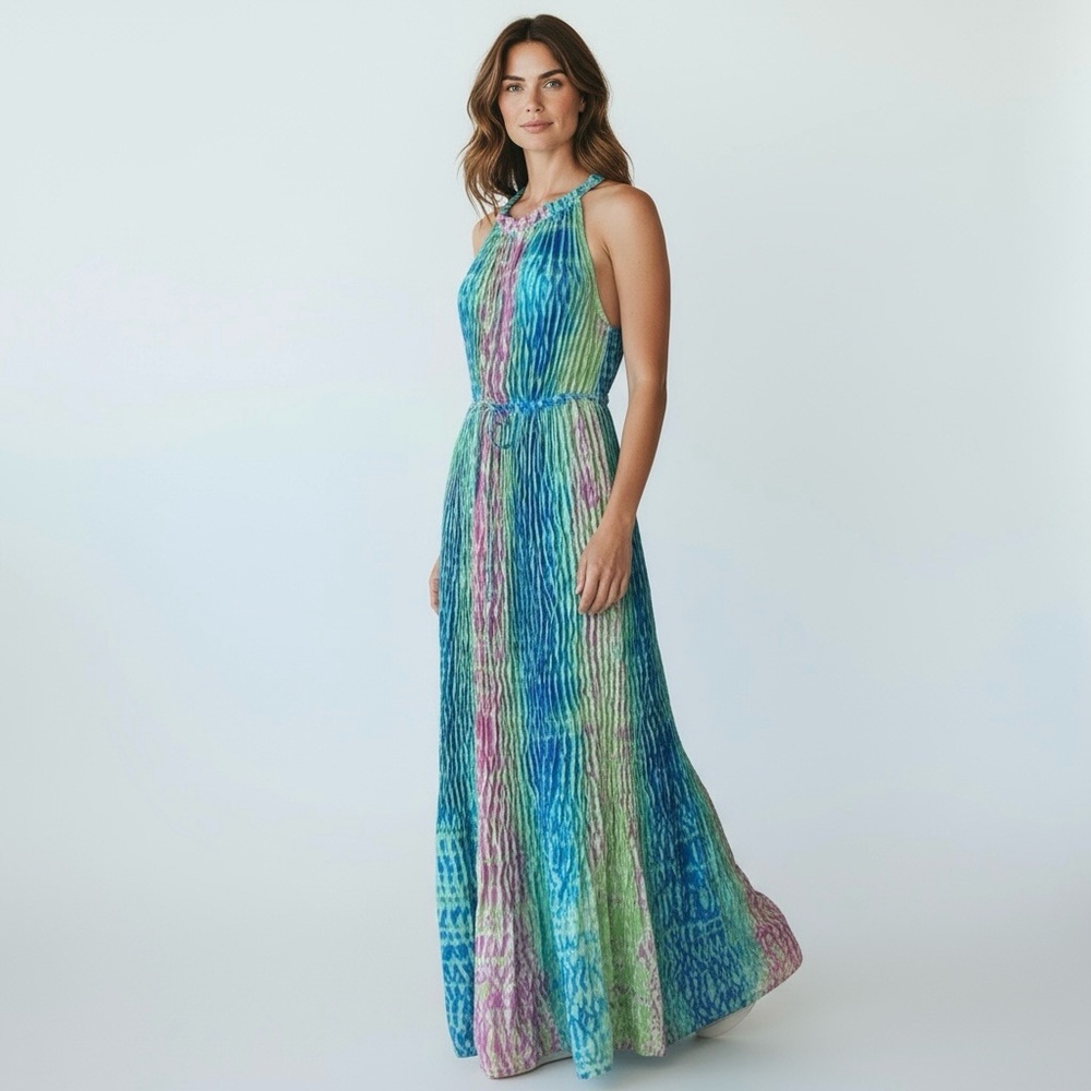 CALYPSO ST BARTH‎  100% Silk Pleated Maxi Dress Tie Dye Boho Blue Pink Green L
